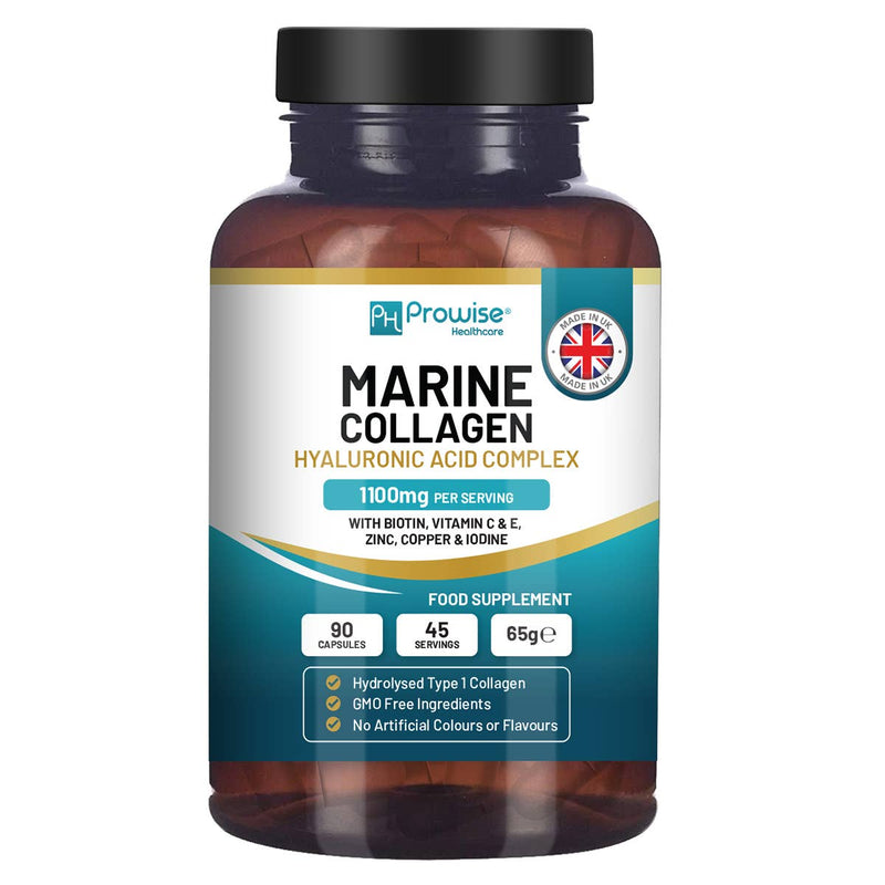 Marine Collagen with Hyaluronic Acid 1100mg - 90 Capsules Boosted with Hyaluronic Acid, Vitamins C, E, B2, Biotin, Copper, Zinc and Iodine | for Women and Men